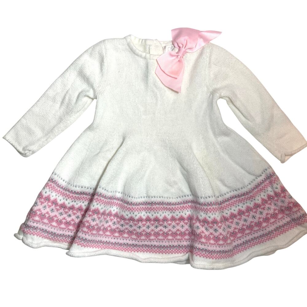 Fair Isle White Pink Cozy Winter Knit Bow Buttons Long Sleeve Sweater Dress 3-6m